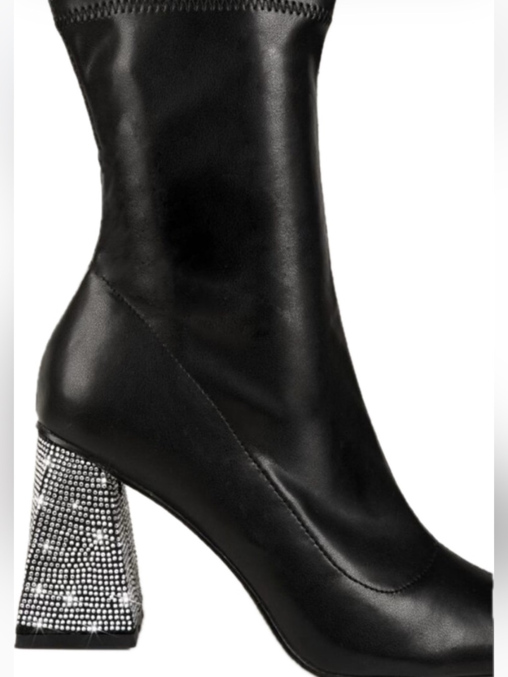 New Shein black faux leather rhinestone crystal chunky heel calf boots zippered